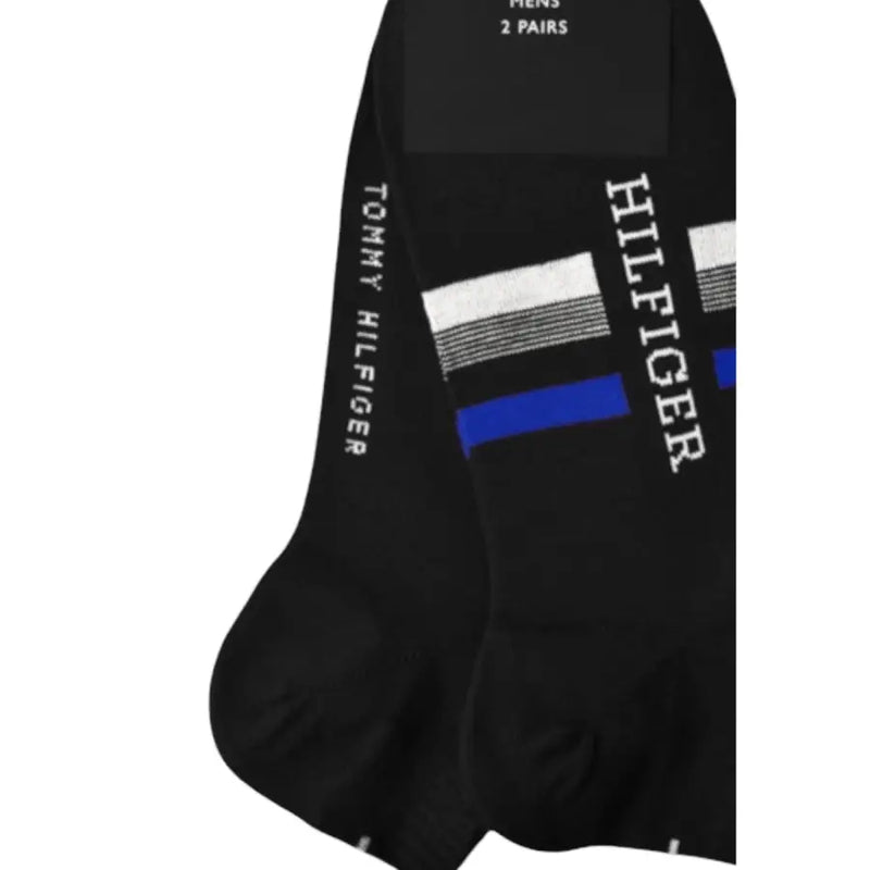 Schwarze Tommy Hilfiger Herrensocken mit weißen und blauen Streifen aus Baumwollmischung für den Alltag