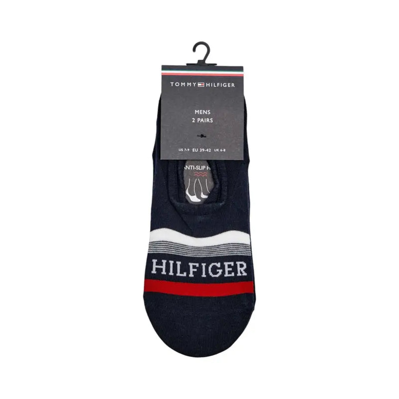 Dunkelblaue Tommy Hilfiger Herren-Sneakersocken mit weißen und roten Streifen und einem markanten weißen Markenlogo-Streifen