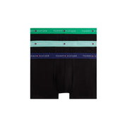 Tommy Hilfiger men underwear black boxer briefs with green, light blue, and navy elastic waistbands featuring logo