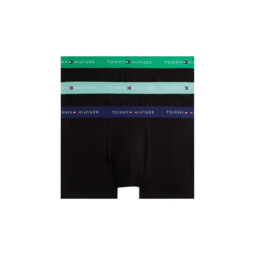 Tommy Hilfiger men underwear black boxer briefs with green, light blue, and navy elastic waistbands featuring logo