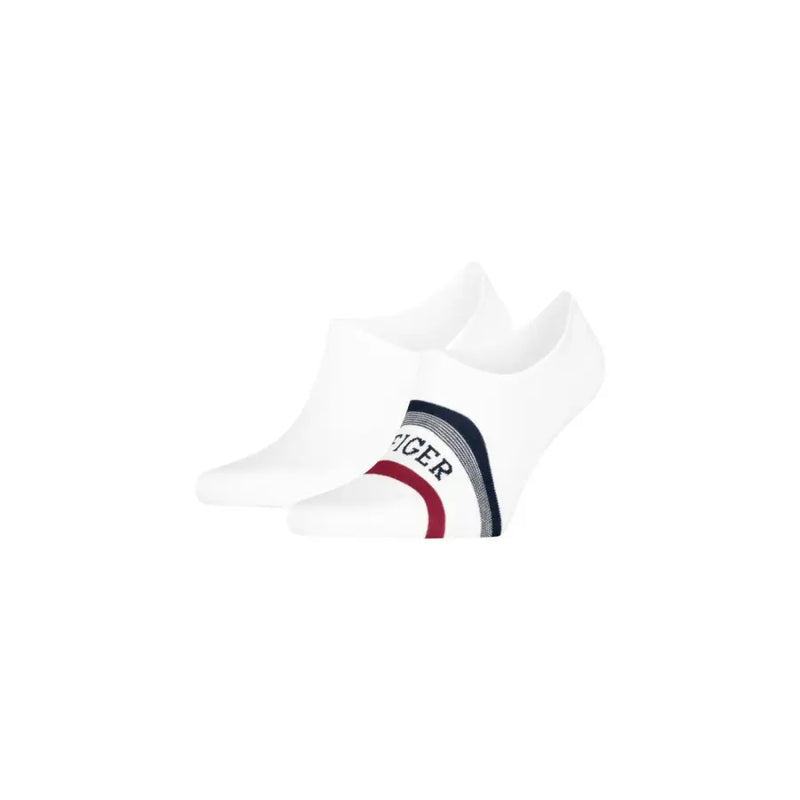 Weiße Knöchelsocken mit marineblau-rot gestreiftem Tommy-Logo von Tommy Hilfiger Herrenunterwäsche-Kollektion