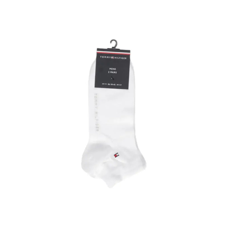 Weiße Herren-Knöchelsocken von Tommy Hilfiger mit einem dezenten roten und blauen Logo am Fuß für den täglichen Gebrauch