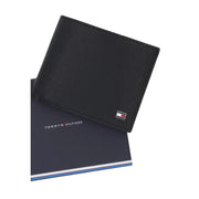 Tommy Hilfiger men wallet black textured leather with subtle striped pattern and logo on lower right corner