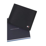 Tommy Hilfiger men wallet black textured leather with subtle striped pattern and logo on lower right corner