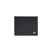 Black textured tommy hilfiger men wallet featuring a small rectangular logo on the lower right corner visible side