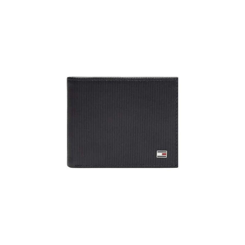 Black textured tommy hilfiger men wallet featuring a small rectangular logo on the lower right corner visible side