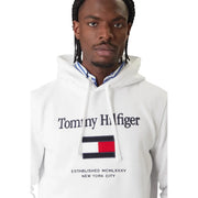 Tommy Hilfiger men white cotton sweatshirt with bold black logo and iconic red white navy flag patch