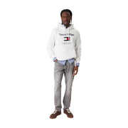 Tommy Hilfiger men white cotton hoodie with bold logo and striped text across the chest