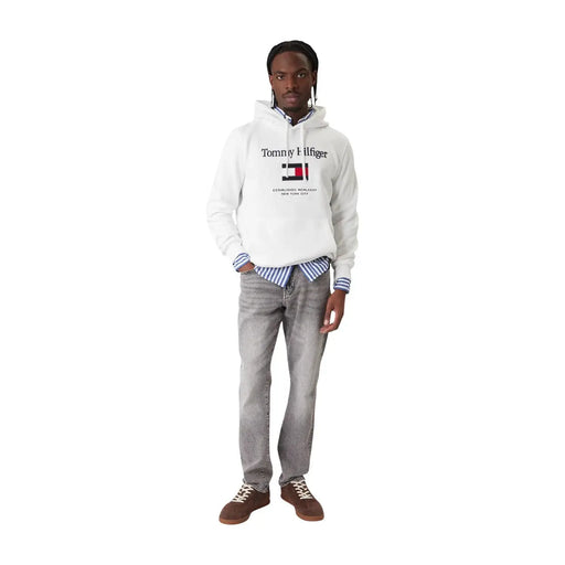 Tommy Hilfiger men white cotton hoodie with bold logo and striped text across the chest