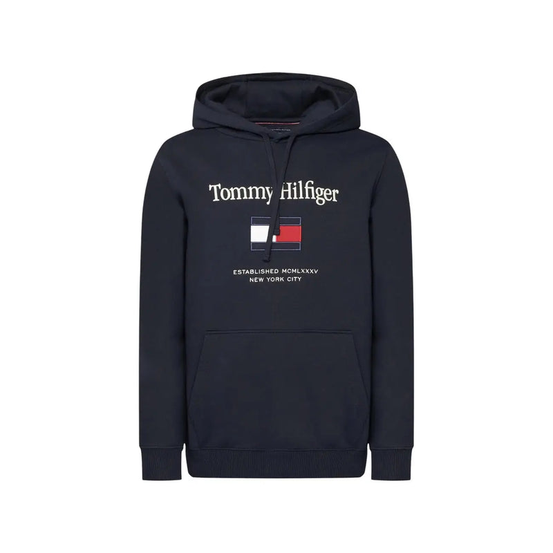 Tommy Hilfiger Weißes Herren-Baumwoll-Sweatshirt mit dunkelblauer Kapuze, weißem Logo und dem Schriftzug „New York City“ darunter