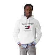 Tommy Hilfiger men white cotton sweatshirt with black lettering and red white and blue flag logo on the chest