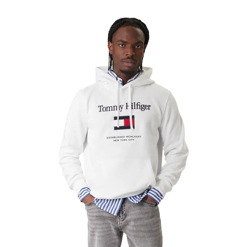Tommy Hilfiger men white cotton sweatshirt with black lettering and red white and blue flag logo on the chest