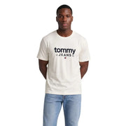 Cream-colored Tommy Hilfiger men white cotton organic t shirt with black Tommy 19 jeans 85 logo and flag emblem