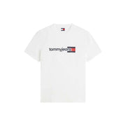 Tommy Hilfiger men white cotton organic t shirt with black tommyjeans logo and red white and blue flag emblem on chest