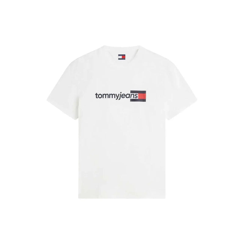 Tommy Hilfiger men white cotton organic t shirt with black tommyjeans logo and red white and blue flag emblem on chest