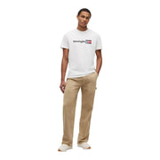 Tommy Hilfiger men white cotton t shirt with black and red logo on chest made from organic cotton
