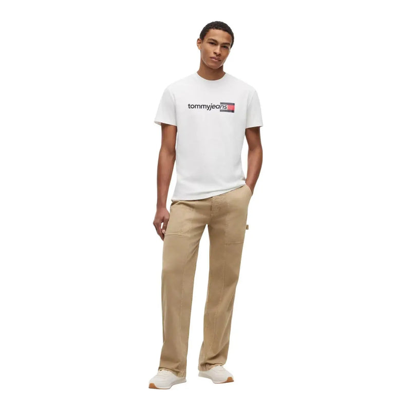 Tommy Hilfiger men white cotton t shirt with black and red logo on chest made from organic cotton