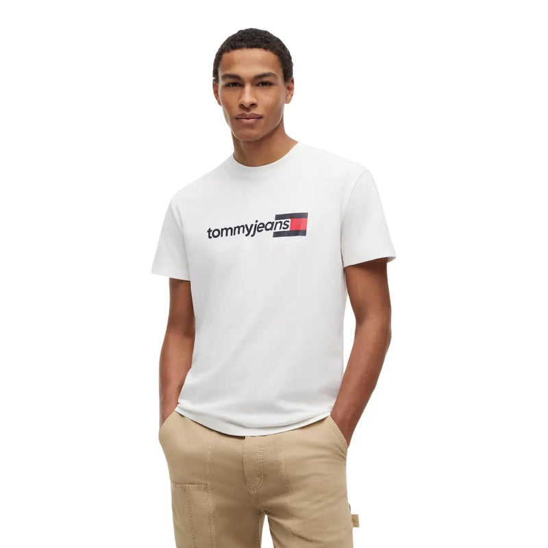Tommy Hilfiger men white cotton organic t shirt with black and red logo on the chest front