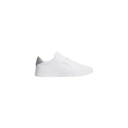 Back view of tommy hilfiger men white leather sneakers with laces and subtle gray accents on the heel tab
