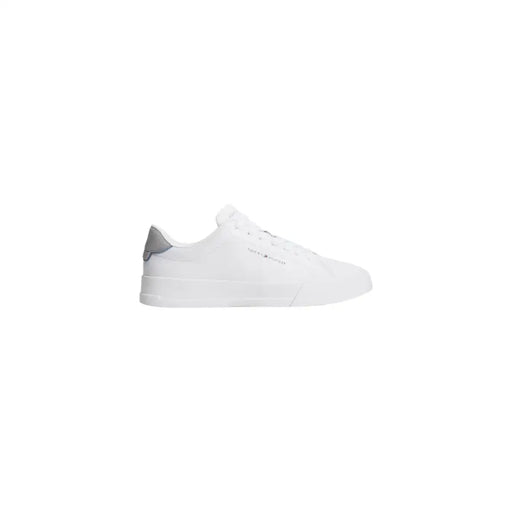 Back view of tommy hilfiger men white leather sneakers with laces and subtle gray accents on the heel tab