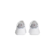 White tommy hilfiger men leather sneakers with laces and gray heel tab featuring the brand flag logo visible from the back