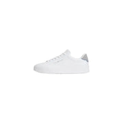 White tommy hilfiger men leather sneaker with sleek minimalist design and subtle gray heel tab shown from back side