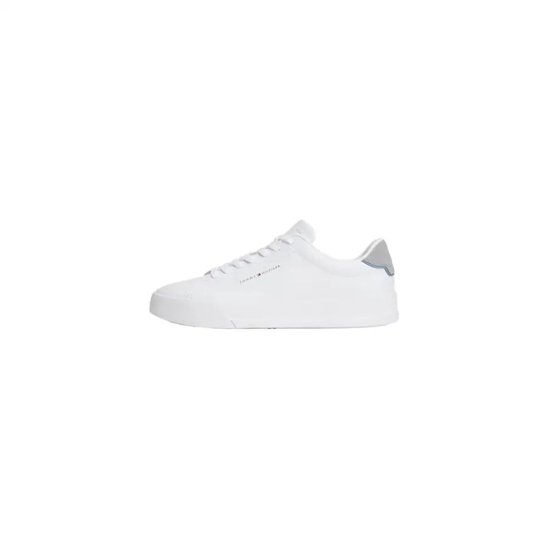 White tommy hilfiger men leather sneaker with sleek minimalist design and subtle gray heel tab shown from back side