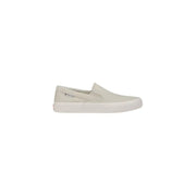 Back view of tommy hilfiger men’s beige slip-on sneakers in cotton canvas with white rubber sole and subtle heel branding