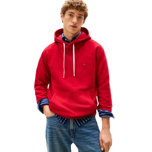 Tommy Hilfiger mens red cotton hooded sweatshirt with white drawstrings and small chest logo