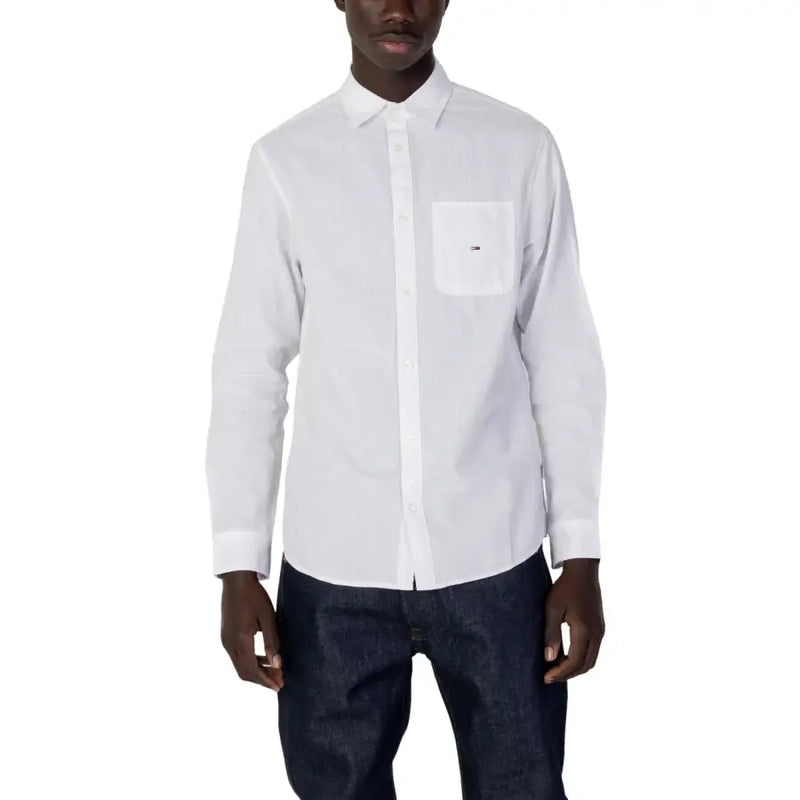 Tommy Hilfiger men’s white long sleeve shirt with button-down front chest pocket and logo detail