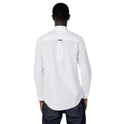 Tommy Hilfiger men’s white long sleeve button-down shirt showing the back with a subtle collar logo