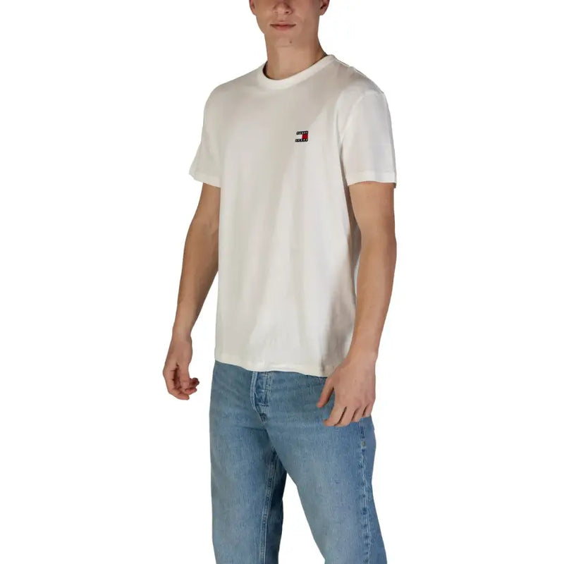 Tommy Hilfiger men’s white organic cotton t shirt with round neck and small embroidered logo on left chest