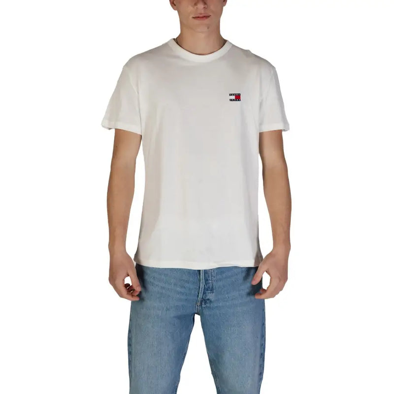 Tommy Hilfiger men’s white organic cotton t shirt round neck with small embroidered logo on the left chest