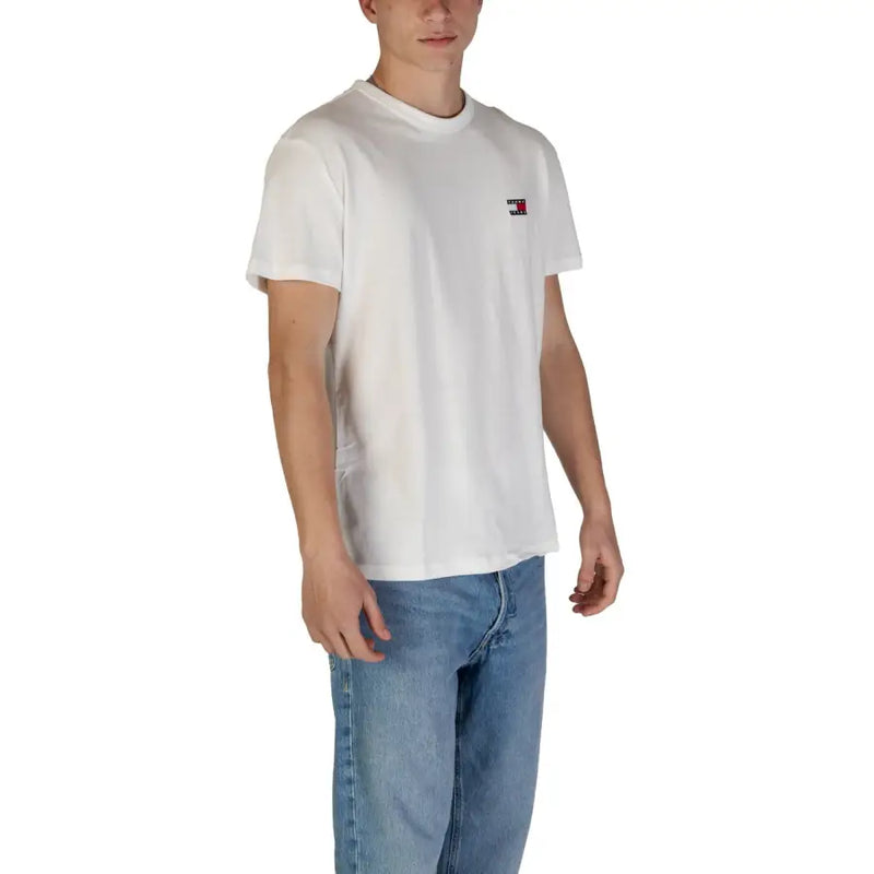 Tommy Hilfiger men’s white organic cotton t shirt with round neck and small embroidered logo on left chest