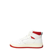 Tommy Hilfiger men’s white high-top sneakers with red accents and rubber soles viewed from the back side