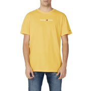 Tommy Hilfiger men’s yellow cotton t-shirt with white logo and small flag emblem on the sleeve