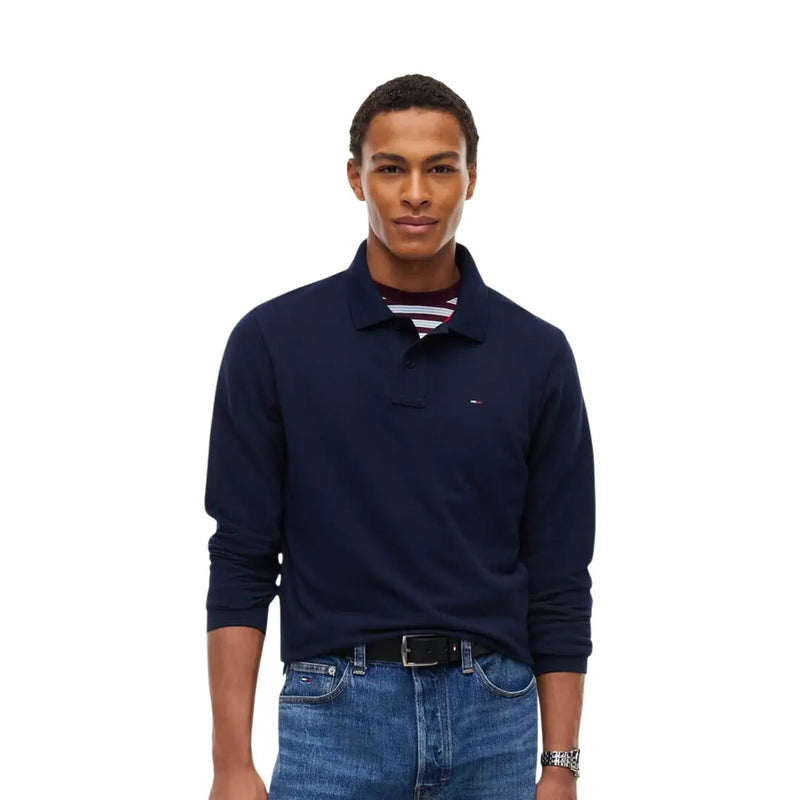 Tommy Hilfiger Langarm-Poloshirt aus Bio-Baumwolle für Herren in Marineblau mit gesticktem Logo, Vorderansicht
