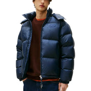 Tommy Hilfiger puffer jacket for men in dark blue quilted fabric with hood and front zipper, front view