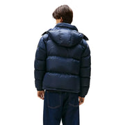 Tommy Hilfiger puffer jacket for men in dark blue with quilted design and attached hood, front view