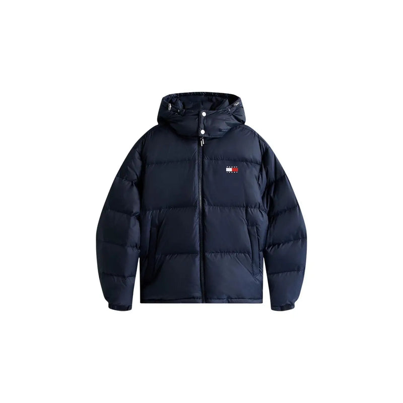 Tommy Hilfiger puffer jacket for men in dark navy with quilted design and logo patch, front view