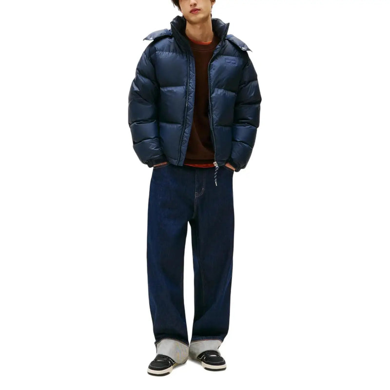 Tommy Hilfiger puffer jacket for men in navy blue with quilted design and hood, front view