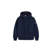 Tommy Hilfiger puffer jacket for men in navy with front pockets and logo patch on sleeve, front view