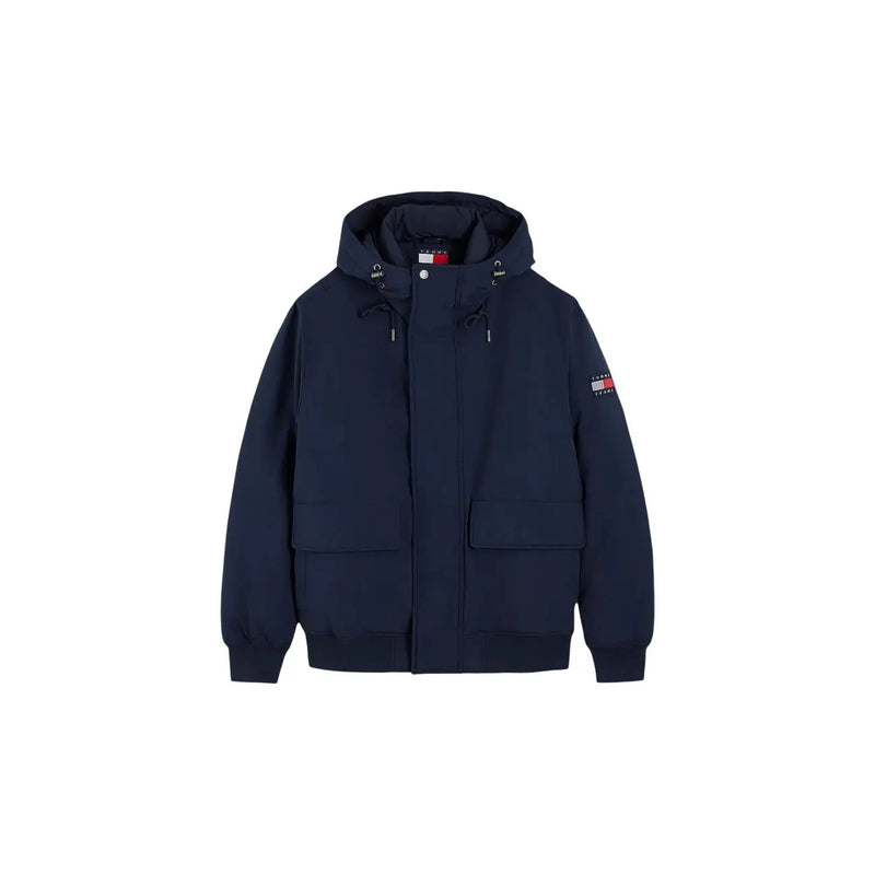 Tommy Hilfiger puffer jacket for men in navy with front pockets and logo patch on sleeve, front view