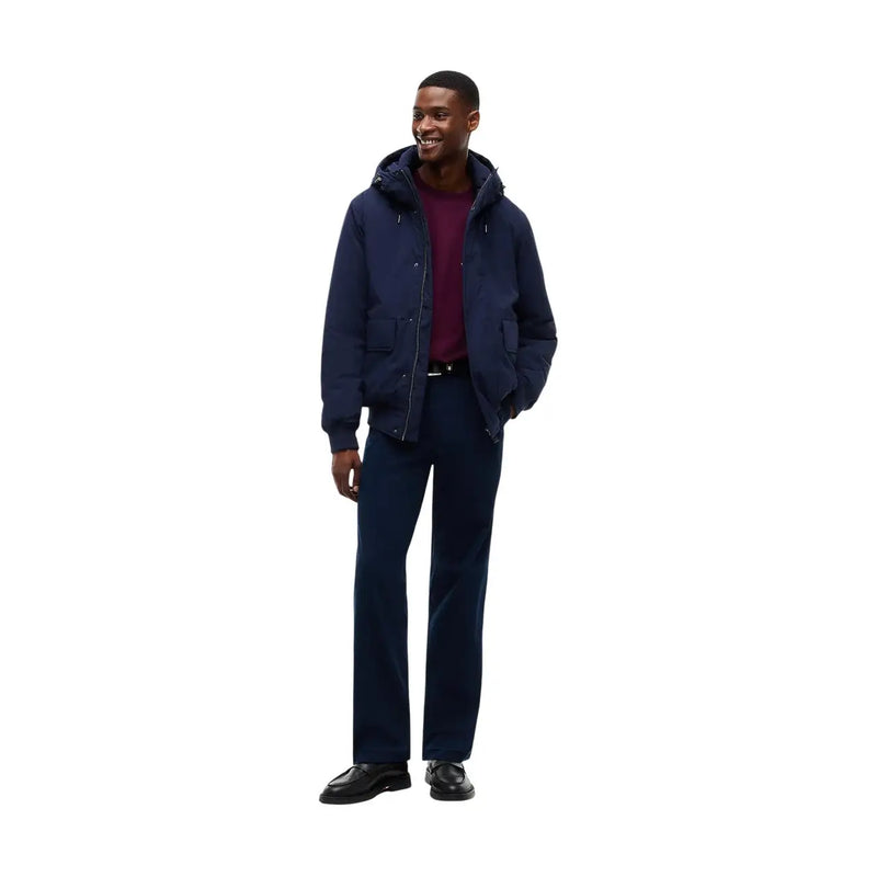Tommy Hilfiger puffer jacket for men in navy blue with hood and front zipper, front view