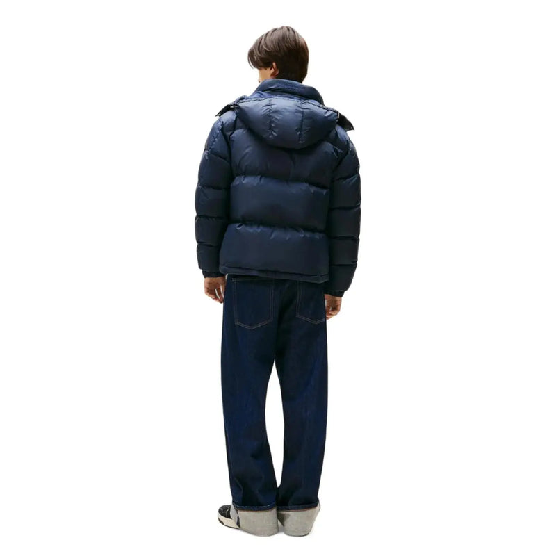 Tommy Hilfiger puffer jacket for men in navy blue with quilted design and hood, front view