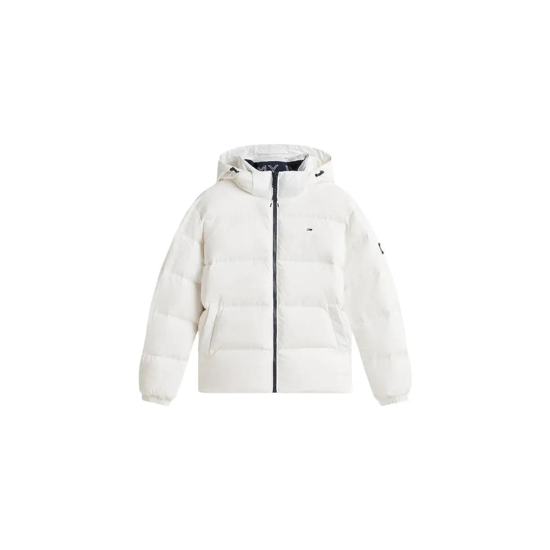 Tommy Hilfiger Essential Down Steppjacke für Damen in Weiß mit schwarzem Reißverschluss und Logo auf der Brust, Vorderansicht