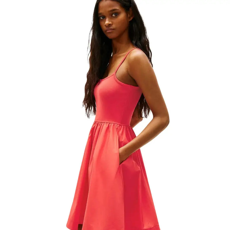 Tommy Hilfiger red organic cotton dress with square neckline featuring a vibrant coral sleeveless fitted bodice and flared skirt