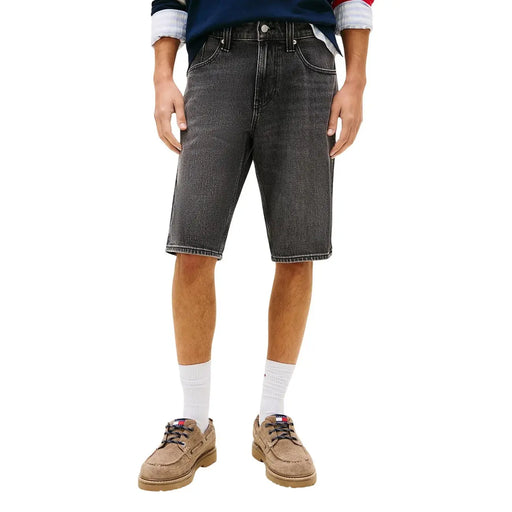 Tommy Hilfiger shorts for men in dark gray denim with five-pocket design and white stitching along hem, front view