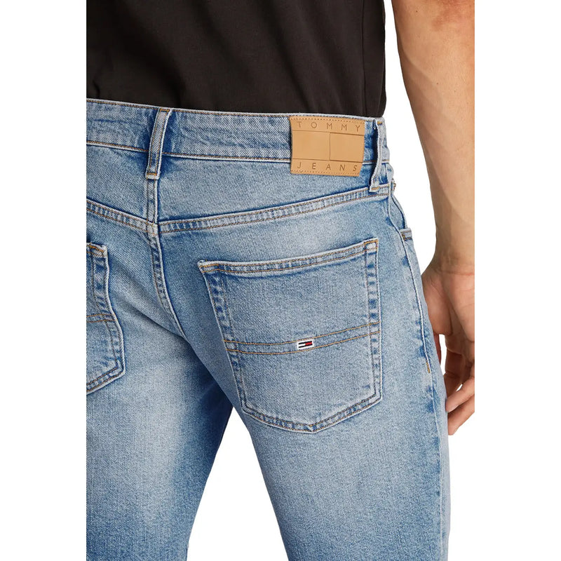 Tommy Hilfiger shorts for men in light-wash denim with classic back pocket patch and brand logo, back view