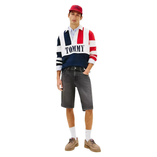 Tommy Hilfiger polo shirt for men in navy red and white with bold tommy lettering across chest front view